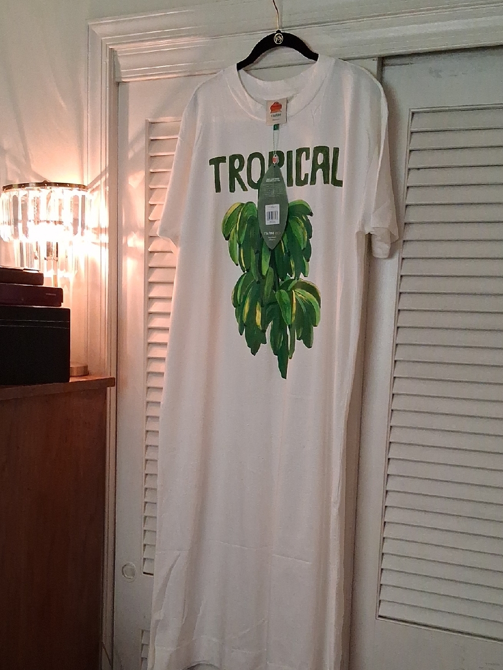 NWT - FARM Rio White Tee Dress with Green Tropical Leaf Graphic